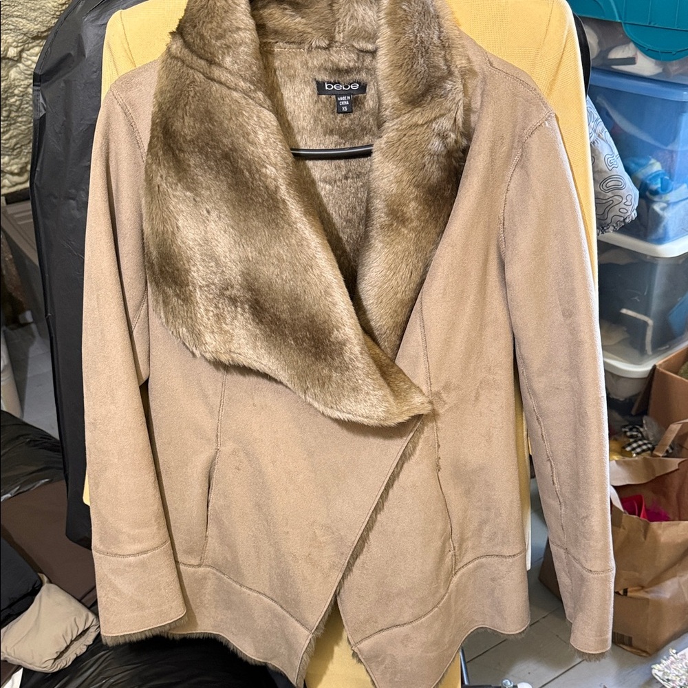 Bebe Tan Teddy Jacket with Faux Fur Collar